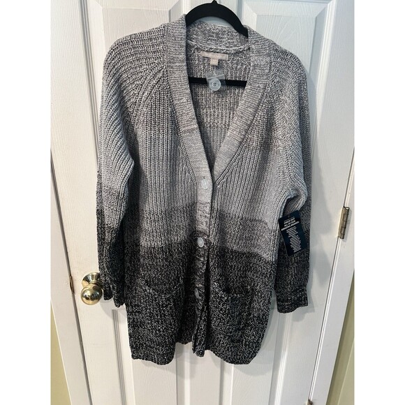 Woman Within Shaker Cardigan Womens Plus L 18-20 Black Grey Ombré Button Up New - Picture 9 of 11